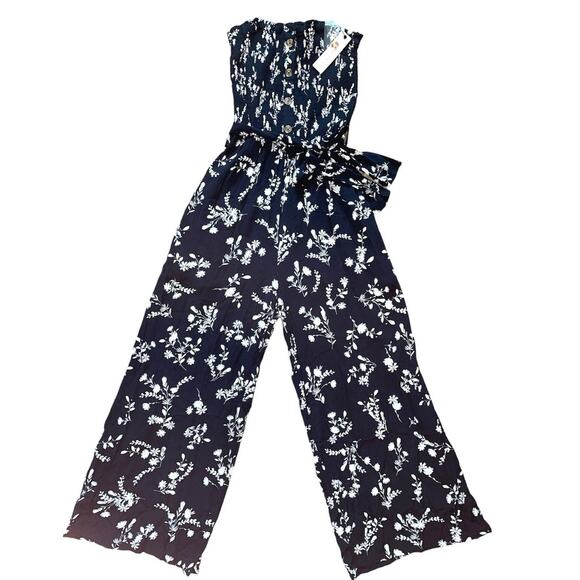 Olivaceous Smocked Button Detail Wide Leg Blue Print Jumpsuit Small - Picture 2 of 9